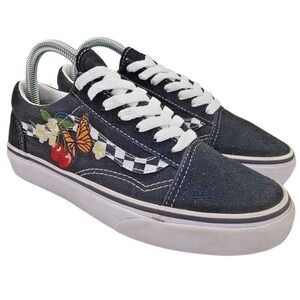 Vans Women's Black Suede Checkered Floral Butterfly Cherries Skate Shoes Sz 7